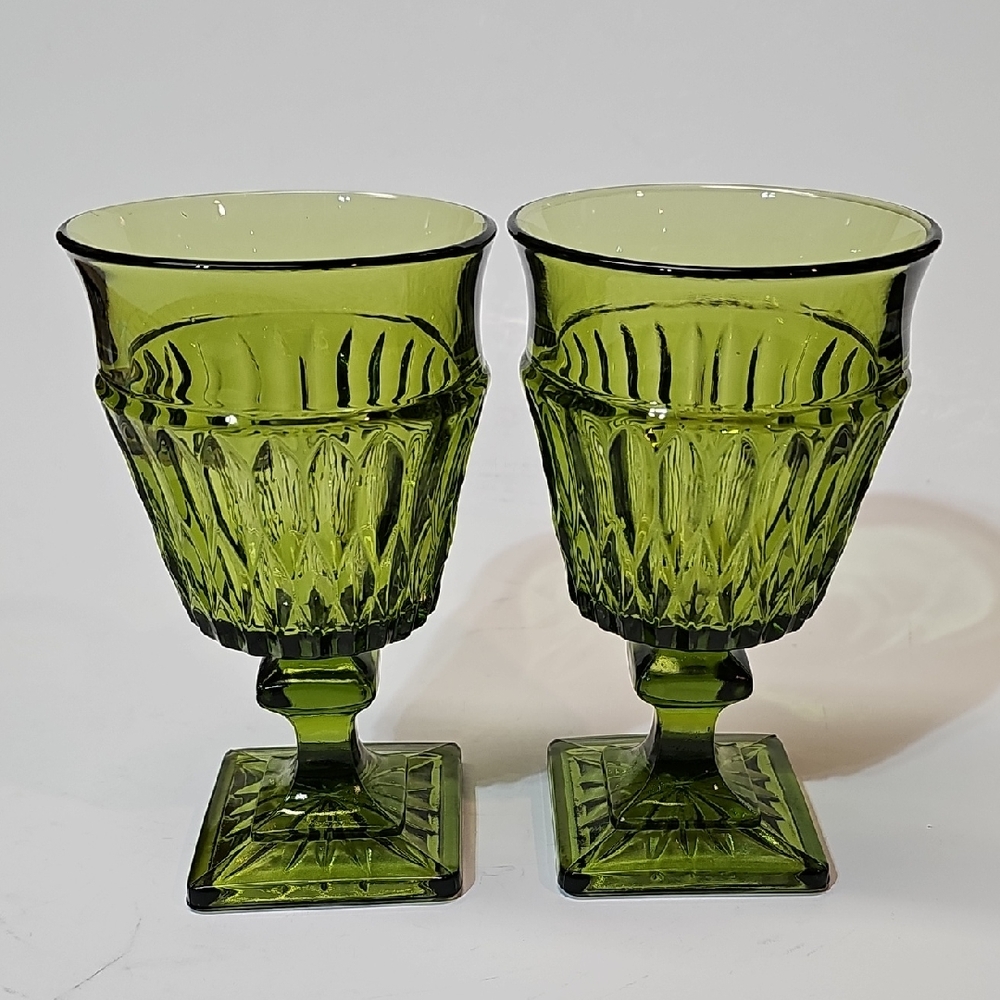 Indiana Glass Mt Vernon Avocado Green Water Goblets w/ Square Base, S/2